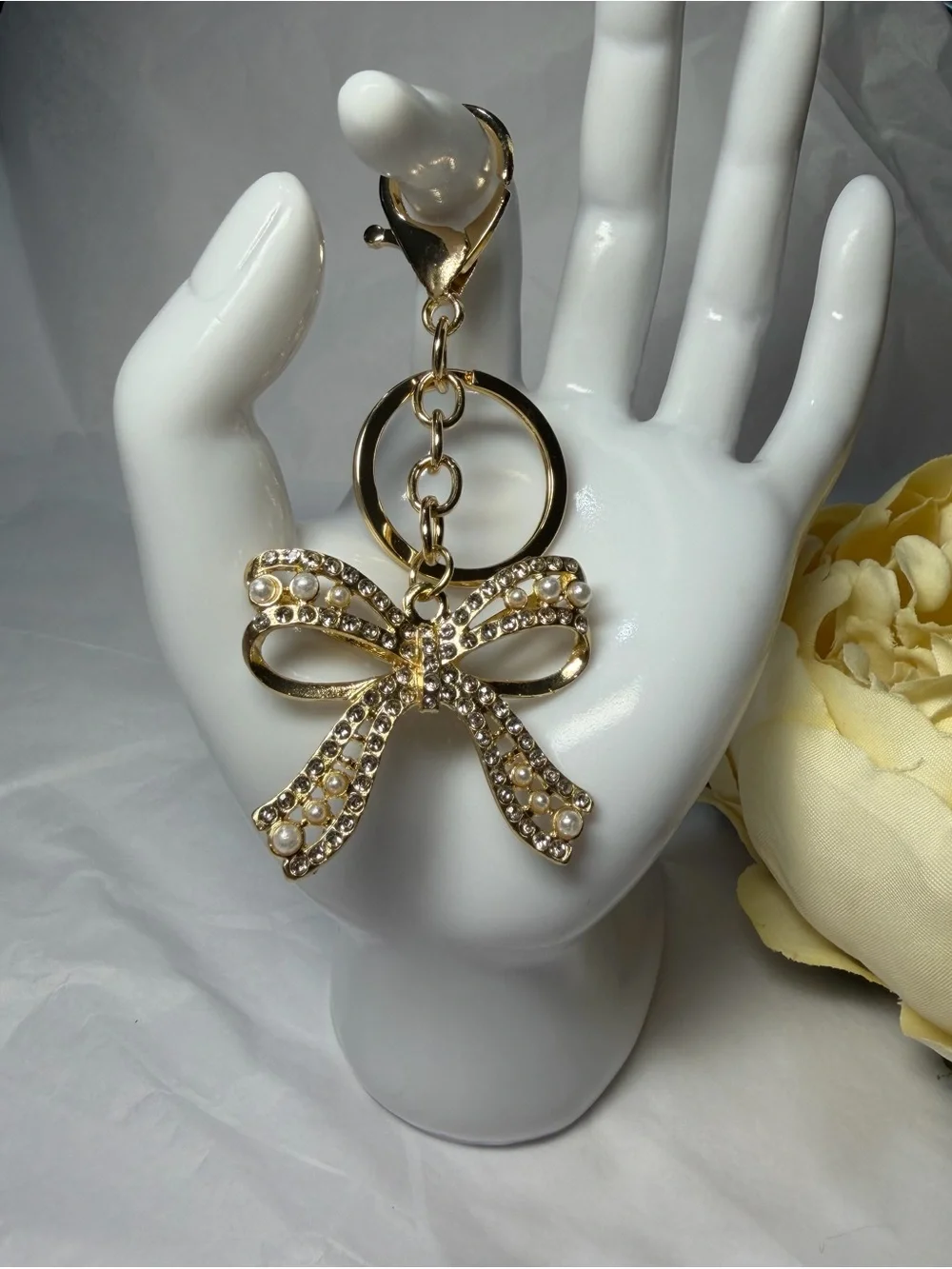 Gold Bow Crystal & Pearl Keyring Charm - Women's Accessory